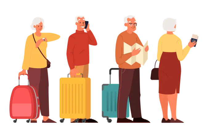 Old aged people waiting in queue at airport  Illustration