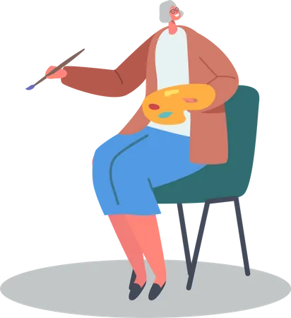 Senior Lady Learn Drawing In Studio Isolated On White Background Elderly Female Character With Paintbrush And Palette In Hands Enjoying Creative Hobby In Art Class Cartoon People Vector Illustration Illustration