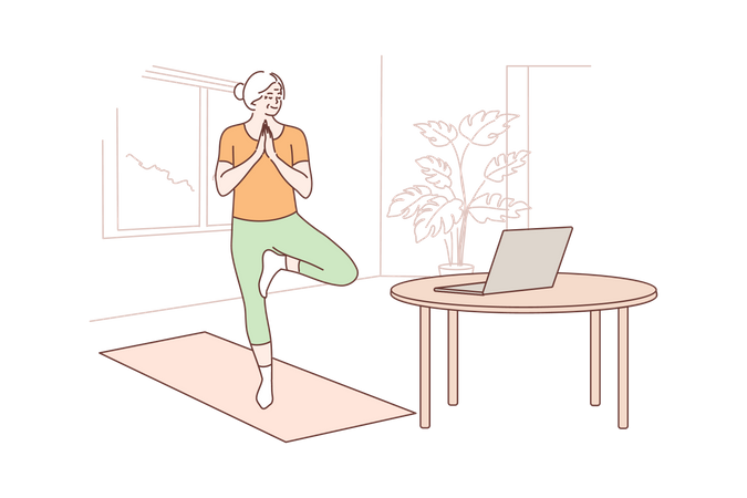 Old aged woman practicing yoga from online tutorial  Illustration