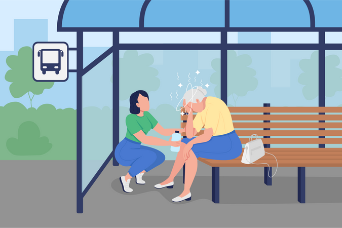 Old aged woman suffering from sunstroke at bus stand Illustration