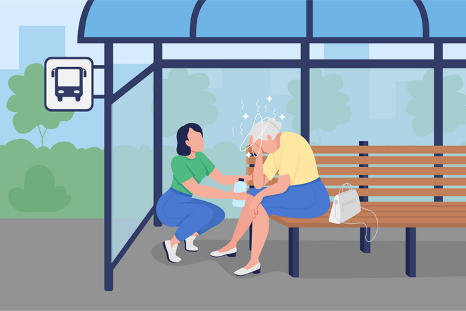 Old aged woman suffering from sunstroke at bus stand  Illustration