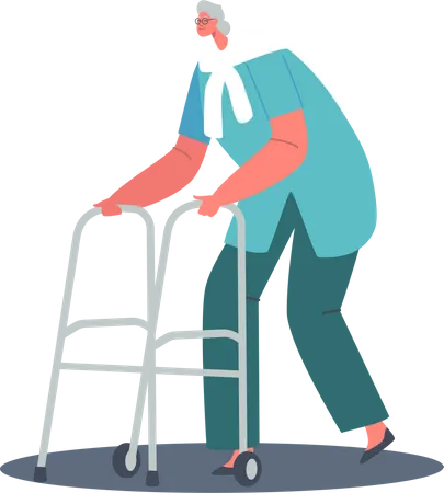 Old aged woman walking with the help of Front-wheeled Walker  Illustration