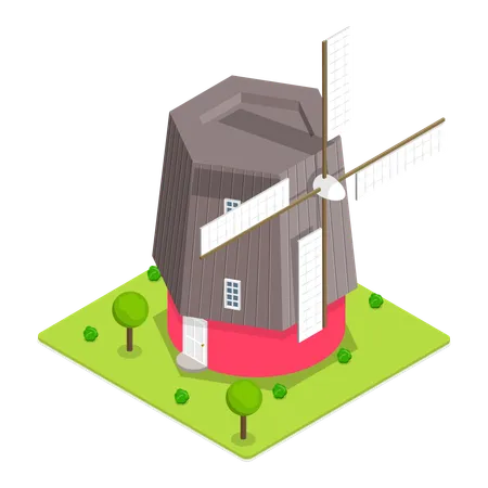 Old big wind mills are used to generate electricity  イラスト