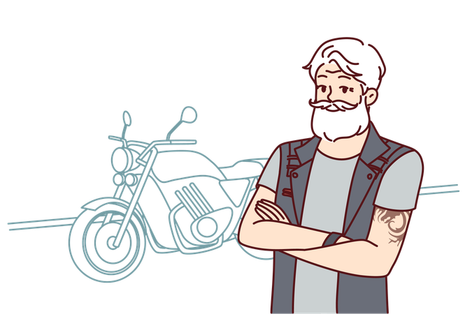 Old biker rides his motorcycle  Illustration
