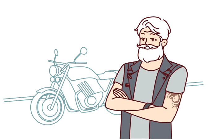 Old Biker Near Motorcycle Wishes To Travel After Retirement Confident Old Man With Tattoo On Arms And Gray Hair Is Wearing Biker Vest For Traveling Around City Or Country On Motorcycle Illustration