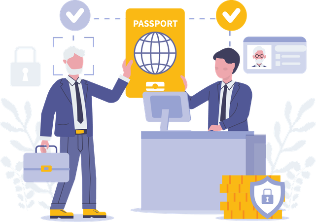 Old businessman verifying passport  Illustration