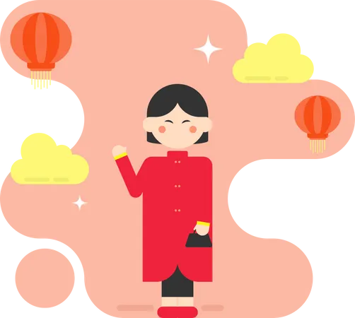 Old Chinese Woman Raise Hand  Illustration