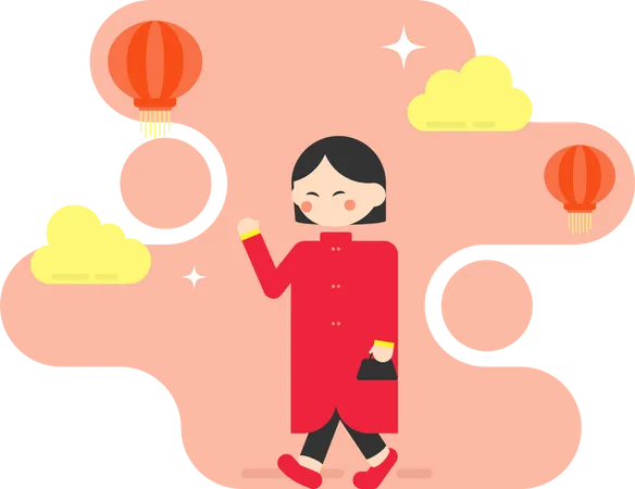 Old Chinese Woman Raise Hand  Illustration
