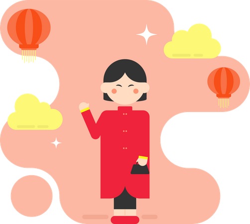 Old Chinese Woman Raise Hand  Illustration