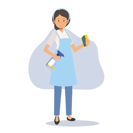 Old cleaner with cleaning equipment  Illustration