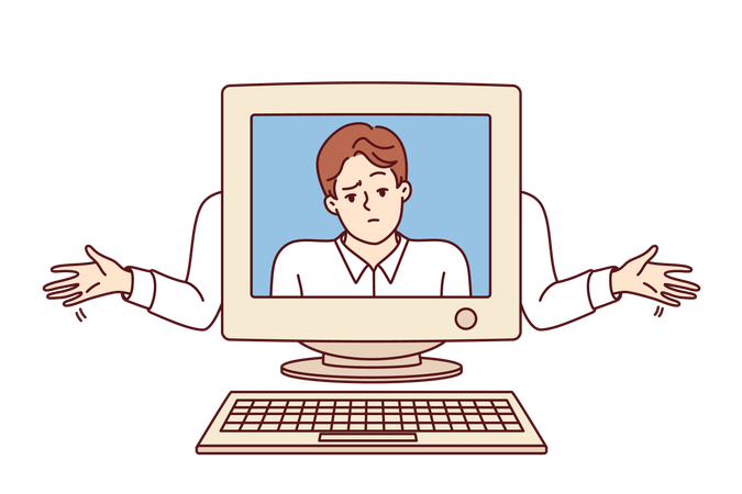 Old computer with disappointed man on screen as metaphor outdated technologies  Illustration