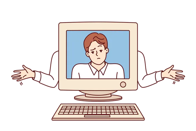 Old Computer With Disappointed Man On Screen As Metaphor For PC Freezes And Breakdowns Due To Outdated Technologies Sad System Administrator Does Not Know How To Solve Problem With Computer Virus Illustration