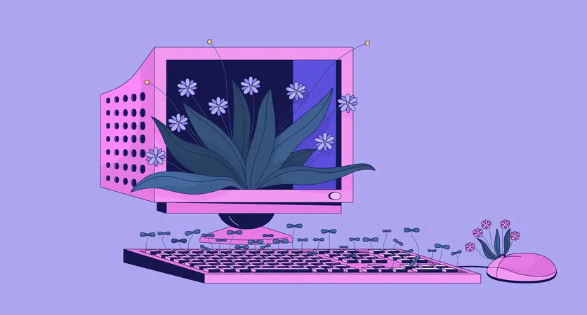 Old Computer With Growing Plants Lofi Wallpaper Vintage Electronic Device 2 D Cartoon Flat Illustration Retro Pc Station And Fresh Flora Chill Vector Art Lo Fi Aesthetic Colorful Background Illustration