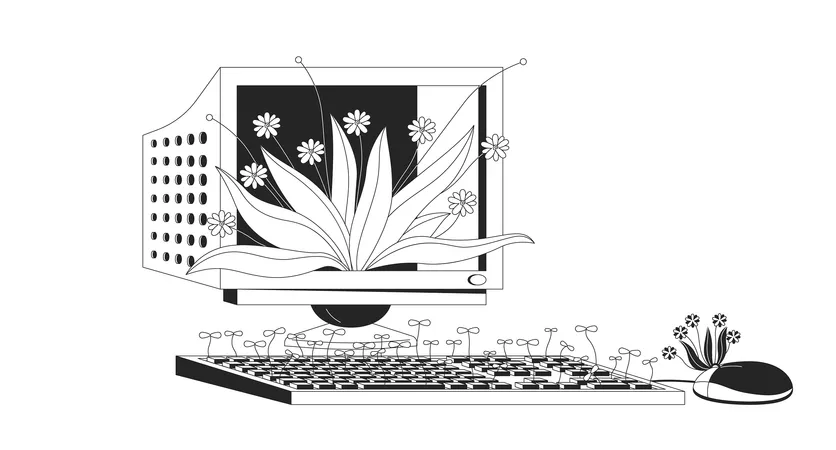 Old computer with growing plants  Illustration