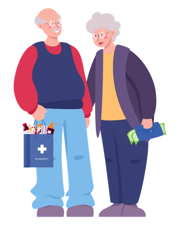 Old couple buying medicine in pharmacy store Illustration