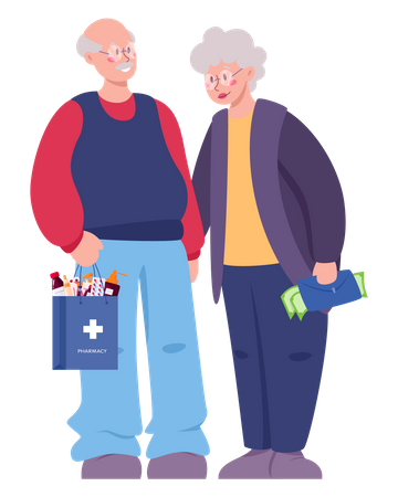 Old couple buying medicine in pharmacy store  Illustration