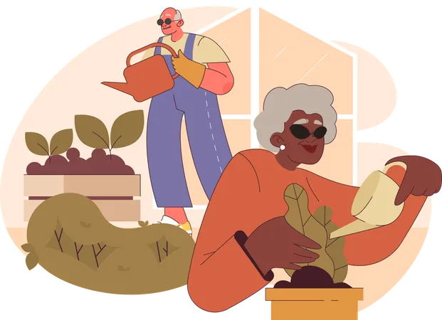 Old couple caring home plant  Illustration