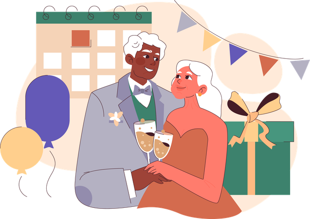 Old couple celebrating anniversary party  Illustration