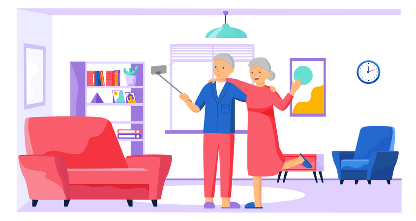 Old couple clicking selfie  Illustration