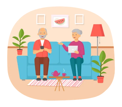 Old couple communicating online Illustration
