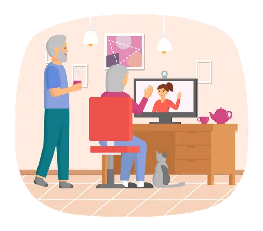 Old couple communicating via video call Illustration