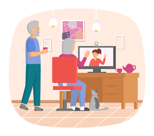 Old couple communicating via video call  Illustration