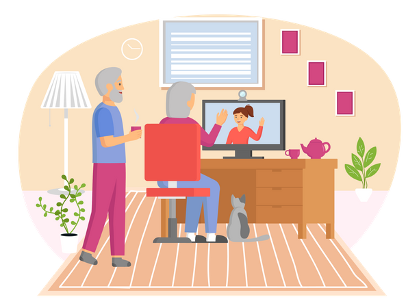 Old couple communicating via video conference Illustration