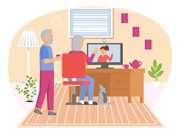 Old couple communicating via video conference Illustration