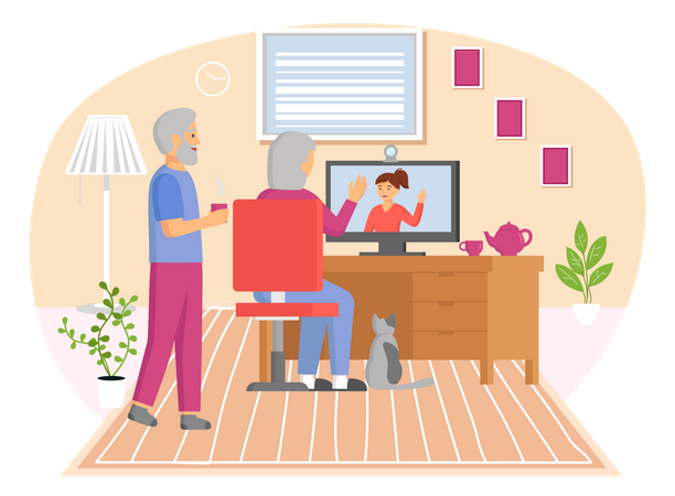 Old couple communicating via video conference  Illustration