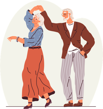 Old couple dance. Vector illustration. Funny elderly couple dancing  イラスト