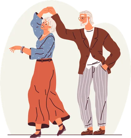 Old Couple Dance Vector Illustration Funny Elderly Couple Dancing Elderly People Romantic Loving Relations Grandfather Grandmother Celebrating Wedding Anniversary Happy Old Man Woman Embracing Illustration