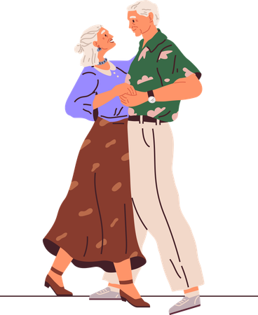 Old couple dance. Vector illustration. Grandpa does dance support, grandma. Elderly couple dancing at party  イラスト