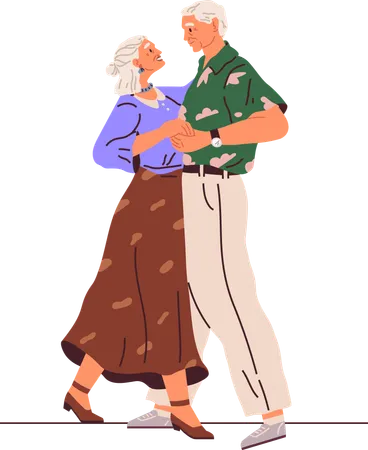 Old couple dance. Vector illustration. Grandpa does dance support, grandma. Elderly couple dancing at party  Illustration