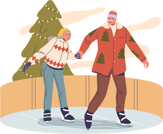 Old couple doing ice skating  Illustration