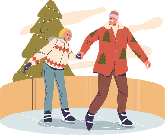 Old couple doing ice skating  Illustration