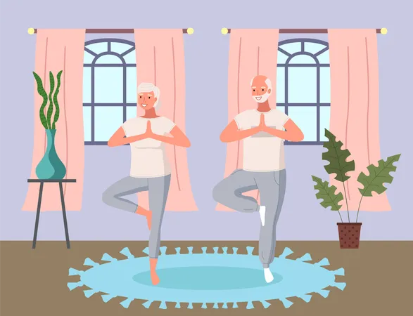 Old Couple doing yoga exercises together at home  Illustration