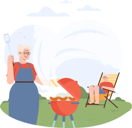 Old couple enjoying Barbeque meal outside  Illustration