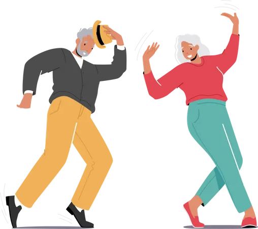 Cheerful Senior Man And Woman Dancing Moving Body Happy Old Characters Couple Active Sparetime Hobby Club Recreation Fun Grandfather Dancer Fell Freedom Cartoon People Vector Illustration Illustration