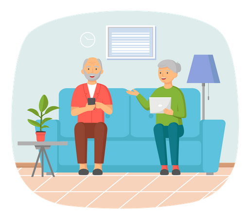 Old couple guiding mobile device Illustration