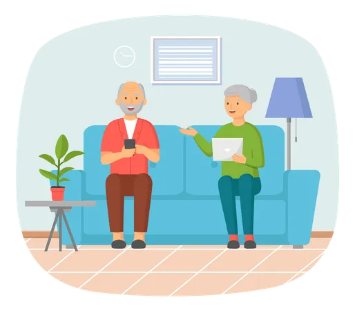 Old couple guiding mobile device  Illustration