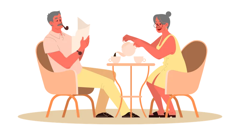 Old couple having tea together Illustration