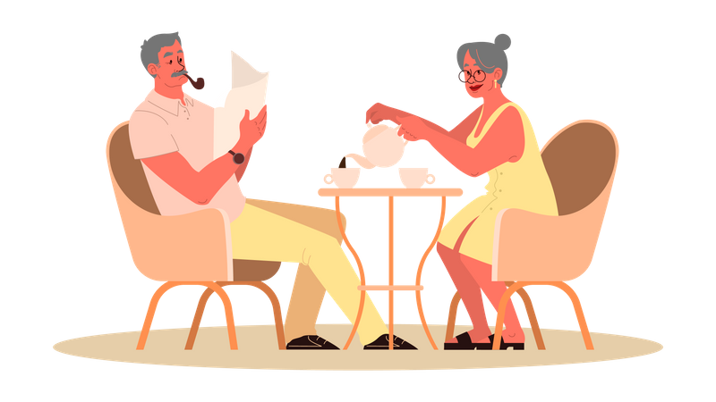 Old couple having tea together  Illustration