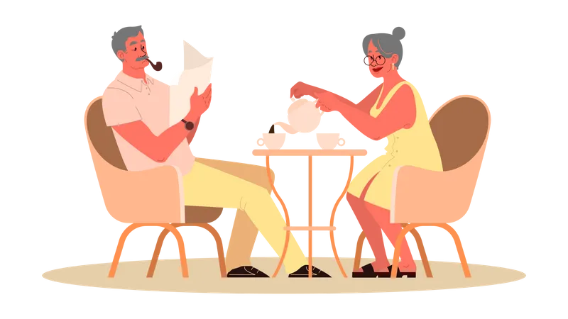 Old couple having tea together  Illustration