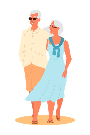 Old Couple Hugging while walking together Illustration