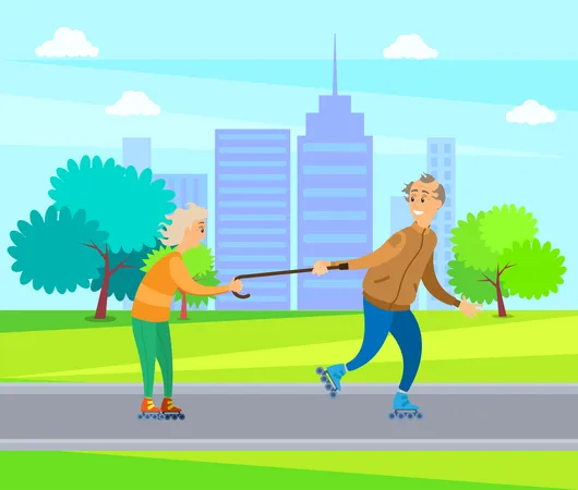 Rolling Old Man And Woman Vector Pensioners Having Fun In Park Couple Rolling And Using Wooden Stick Of Granny Grandmother And Grandfather In City Illustration