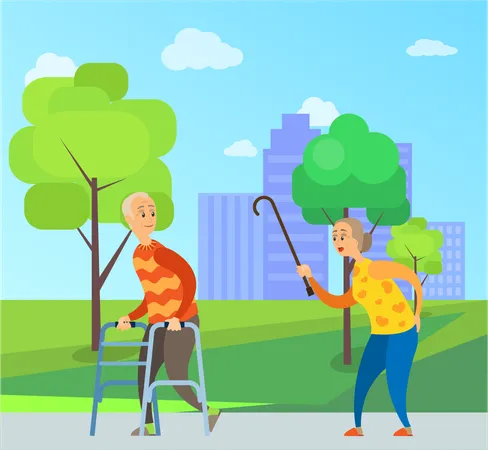 Elderly Male Vector Disabled Man In Red Sweater Looks Back On Angry Old Lady With Wooden Stick Quarrel Between Old People In City Park With Trees Illustration