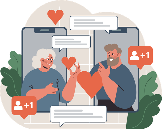 Old couple is doing virtual dating  Illustration