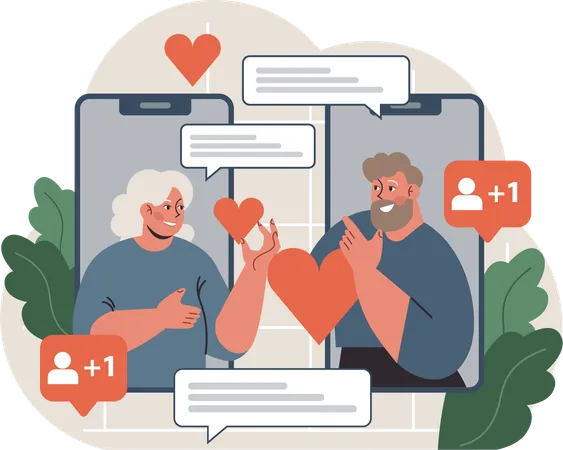 Old couple is doing virtual dating  Illustration