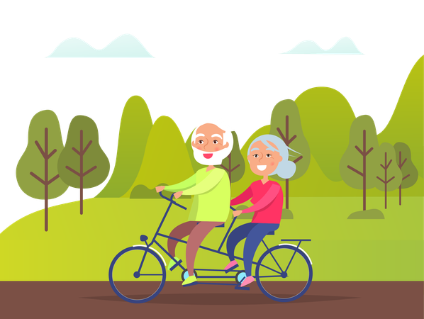Old couple is riding on bicycle  Illustration