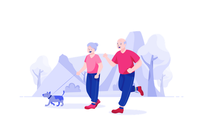 Old couple jogging with dog  Illustration